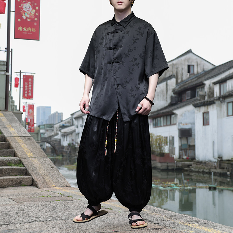 新中式D风暗黑树叶提花冰丝衬衫男萝卜裤套装TZ86-P130控158图片