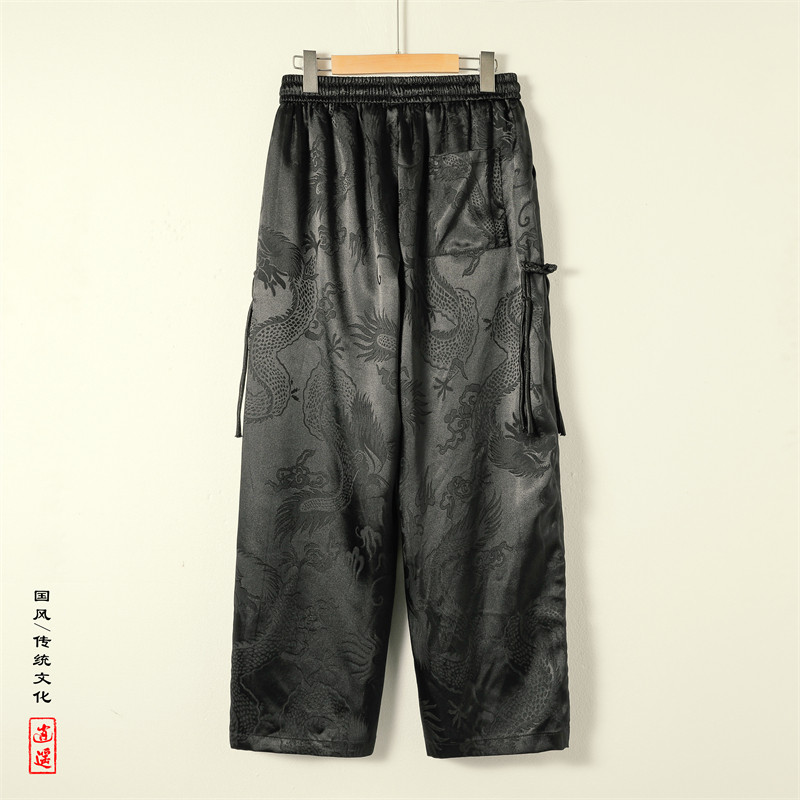新中式H风冰丝龙纹暗花九分裤宽松盘扣萝卜裤男K188-P58控78,男装休闲裤,电商A005