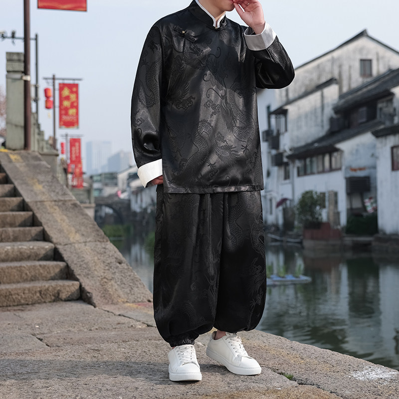 风A盘扣龙纹暗花冰丝衬衫夹克萝卜裤套装男TZ155-P120控148,男装休闲套装,电商A005