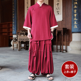 风A斜襟棉麻衬衫中山装外套折褶阔腿裤套装男TZ170-P166控188，男装衬衫，电商A005