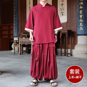 风A斜襟棉麻衬衫中山装外套折褶阔腿裤套装男TZ170-P166控188图片