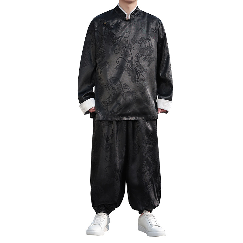 风A盘扣龙纹暗花冰丝衬衫夹克萝卜裤套装男TZ155-P120控148,男装休闲套装,电商A005
