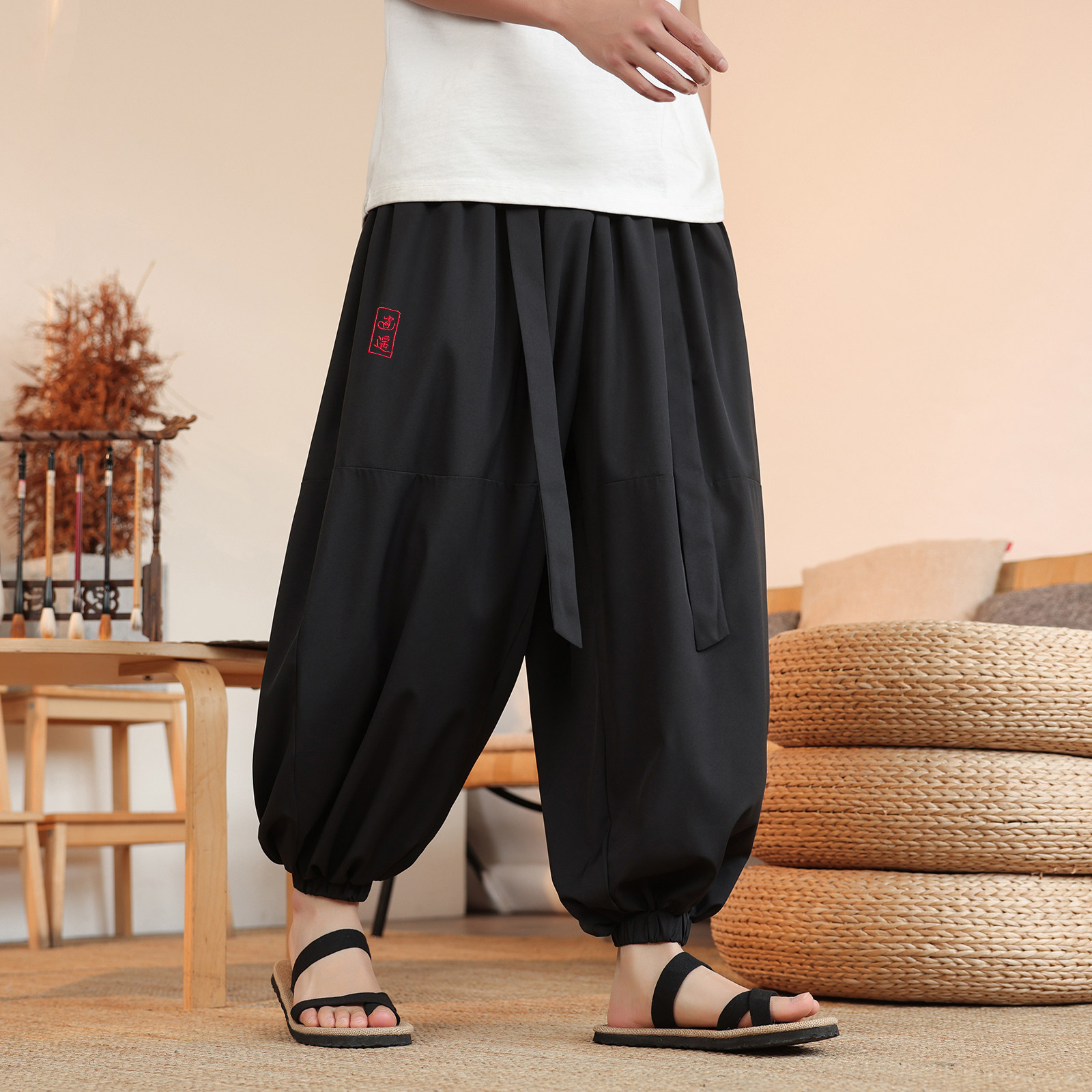 风F冰丝腰带九分裤男大桶裤宽松裤长裤萝卜裤男K233-P65控88，男装休闲裤，电商A005