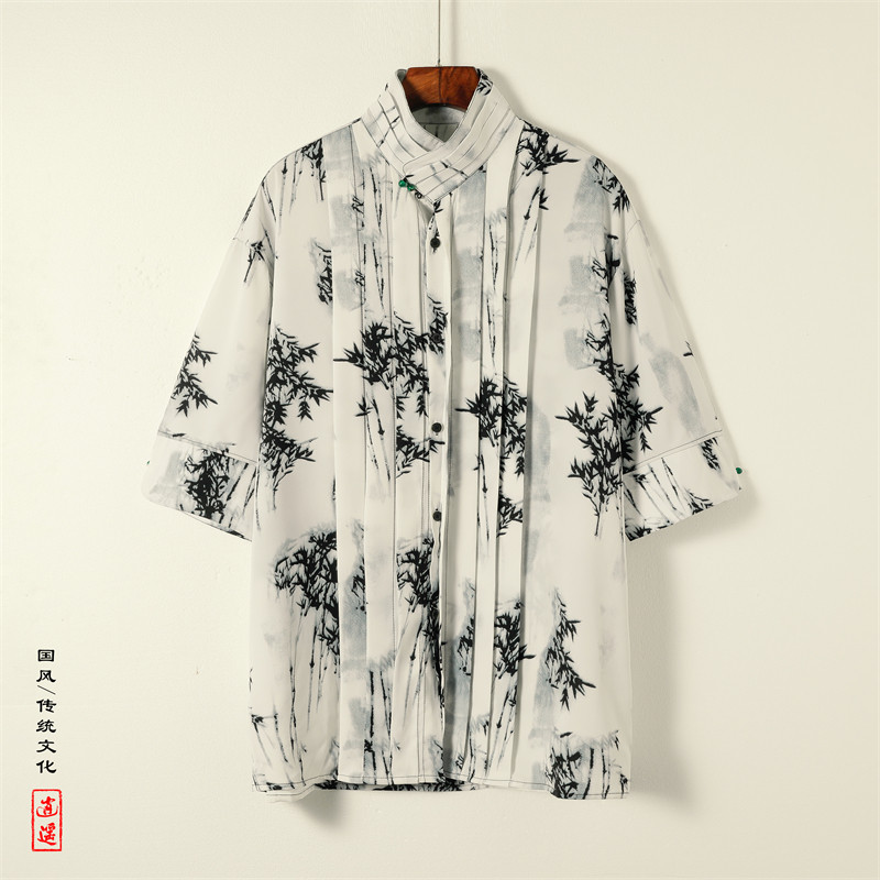 新中式A风树叶冰丝复古珍珠扣立领小众中袖衬衫男CS67-P70控98图片
