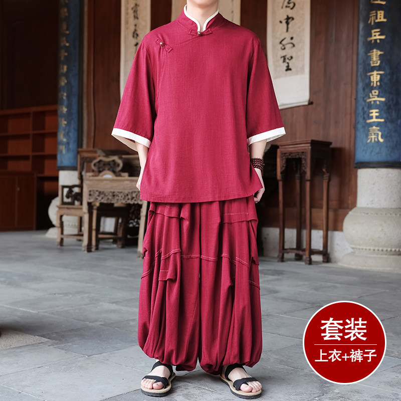 风C斜襟棉麻衬衫中山装外套折褶阔腿裤套装男TZ170-P166控188,男装衬衫,电商A005