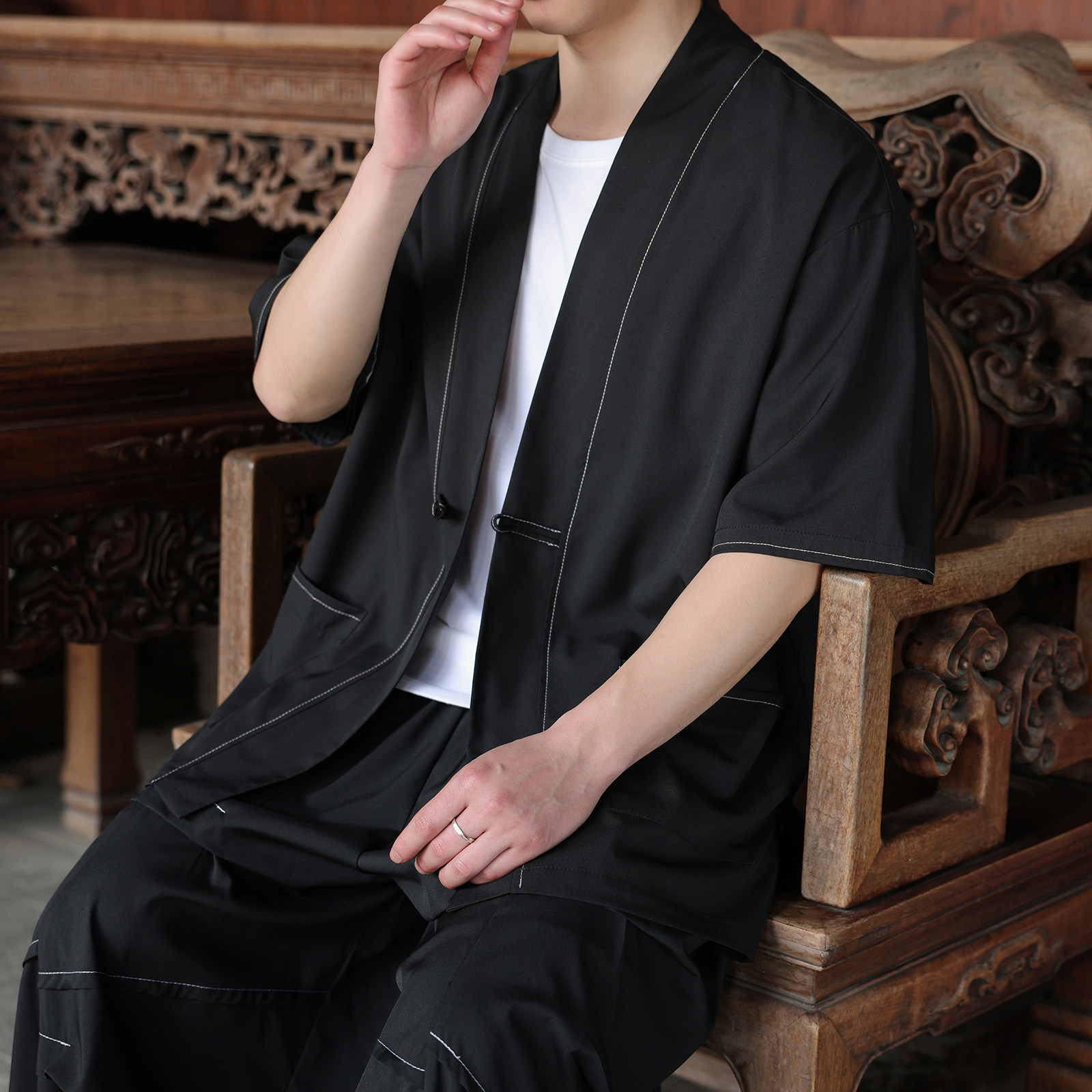 风I冰丝盘扣明线小众设计新中式短袖衬衫开衫外套CS77-P65控78,男装T恤,电商A005