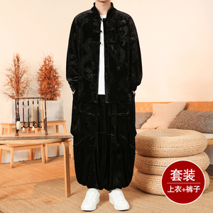 新中式M盘扣龙纹金丝绒衬衫夹克折褶阔腿裤套装男TZ181-P146控168图片