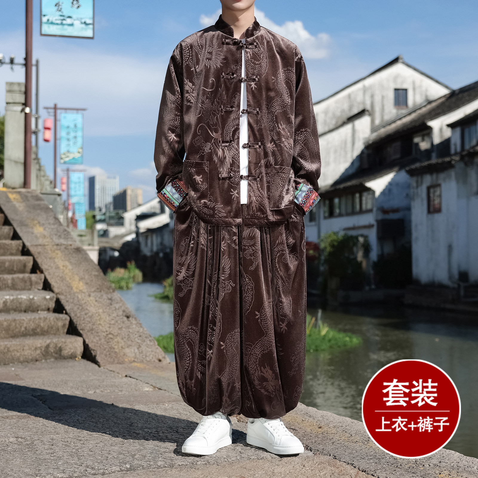 新中式C民族风盘扣金丝绒龙纹夹克外套阔腿裤套装TZ172-P143控168图片