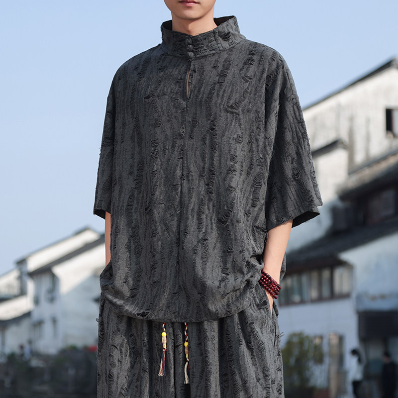 风L新中式风高领盘扣破洞镂空乞丐装冰丝t恤T35-P68控88，男装T恤，电商A005