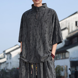 风L新中式风高领盘扣破洞镂空乞丐装冰丝t恤T35-P68控88，男装T恤，电商A005