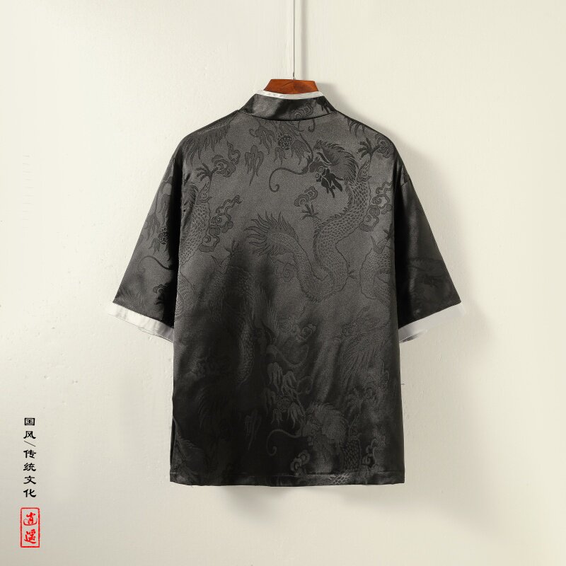 新中式G风斜襟盘扣龙纹冰丝中山装衬衫夹克外套男CS76-P65控78,男装夹克,电商A005