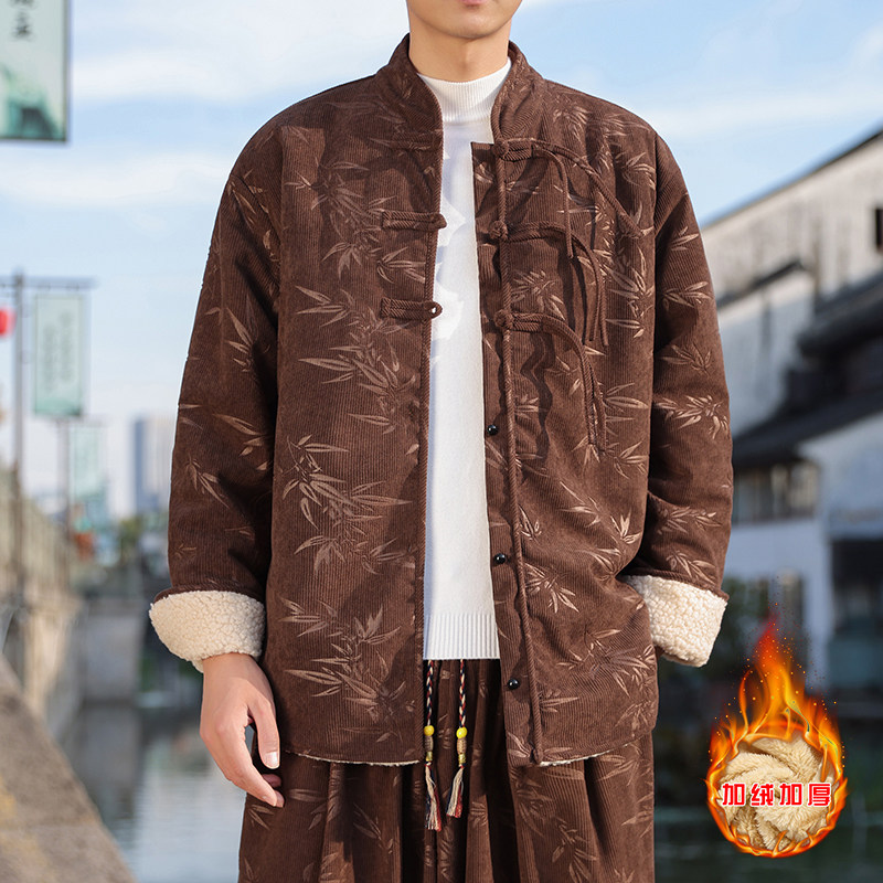 新中式F盘扣树叶暗花灯芯绒羊羔毛夹克棉衣外套男JK17-P135控158,男装夹克,电商A005