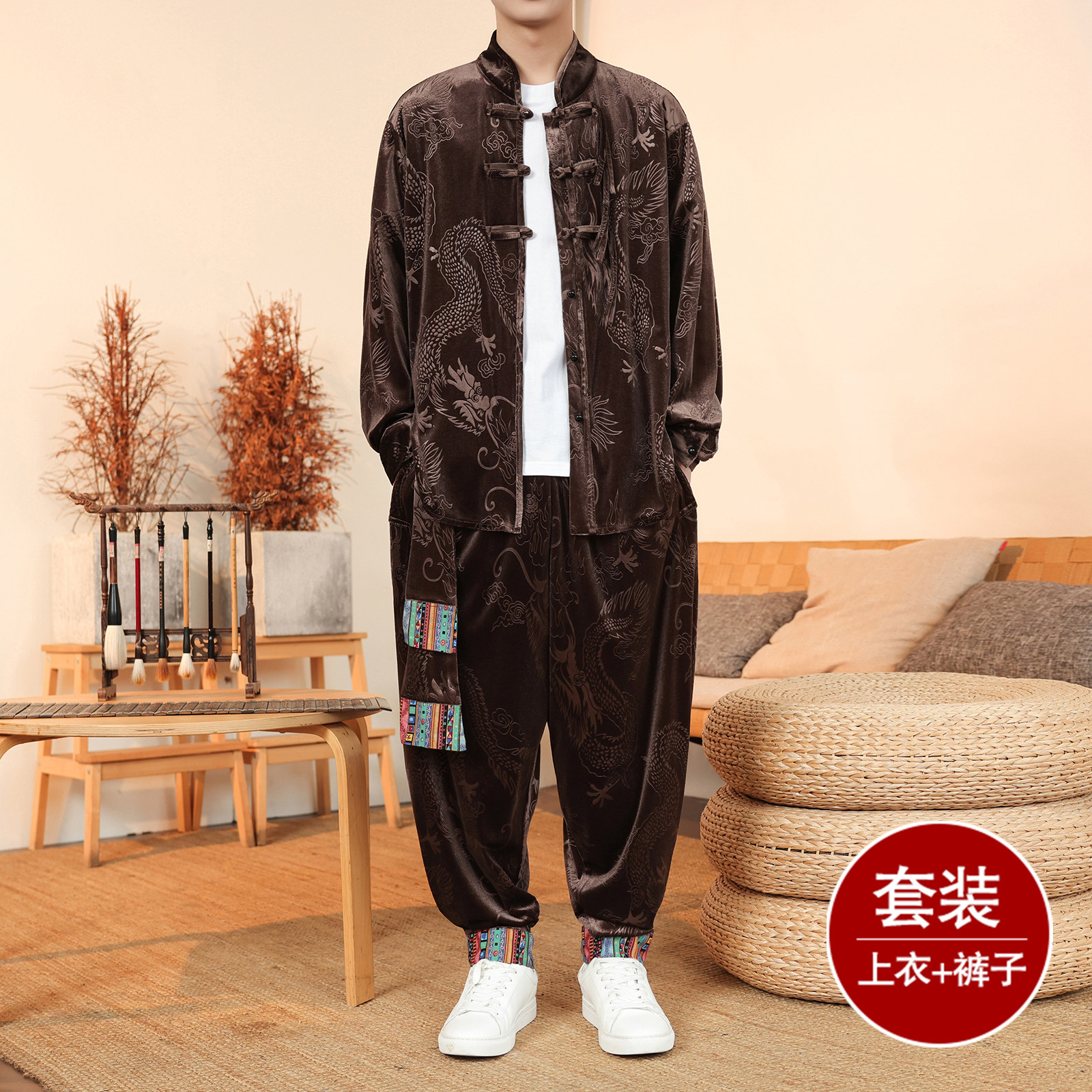 新中式I盘扣龙纹暗花金丝绒夹克舞蹈阔腿裤套装男TZ180-P136控158,男装休闲套装,电商A005