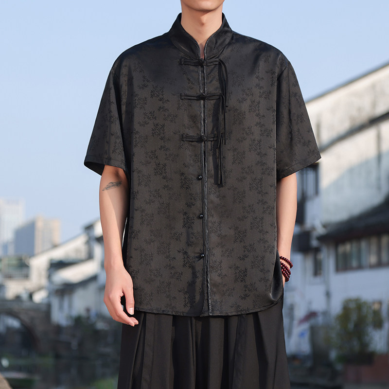 新中式I风盘扣小众树叶提花透气冰丝短袖衬衫男CS52-P68控88，男装T恤，电商A005