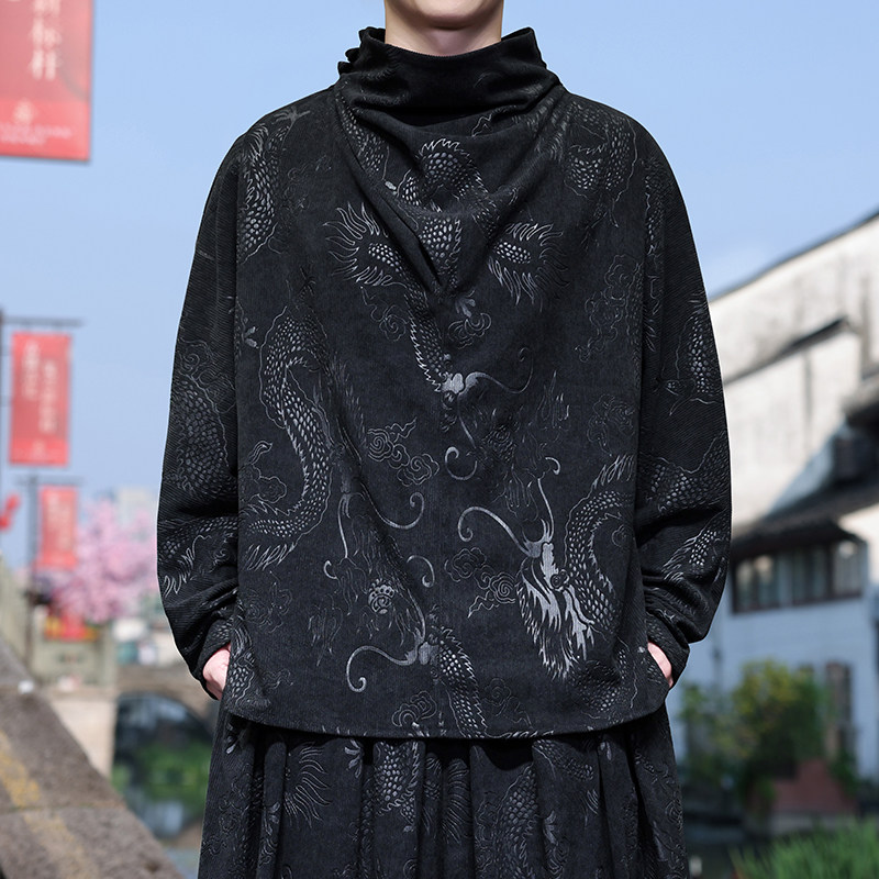 套头卫衣K龙纹灯芯绒风小众堆堆领T恤打底衫男T61-P68控88,男装T恤,电商A005
