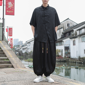 新中式D风暗黑树叶提花冰丝衬衫男萝卜裤套装TZ86-P130控158图片