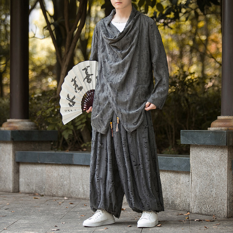 新中式H破洞不规则领堆堆领披风t恤束脚裤套装男TZ31-P143控168,男装T恤,电商A005