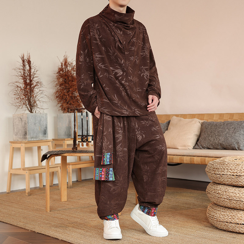 树叶灯芯绒H堆堆领T恤男大裤裆舞蹈阔腿裤套装TZ128-P133控158，男装T恤，电商A005