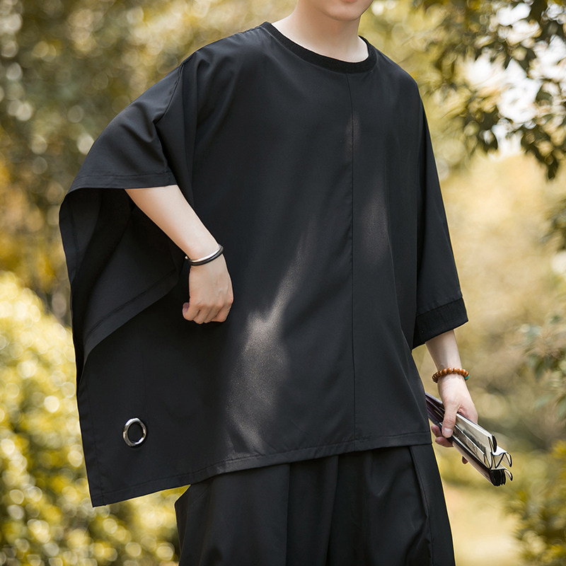 风C新中式不规则蝙蝠袖冰丝舞台表演半袖t恤男T27-P55控78,男装T恤,电商A005
