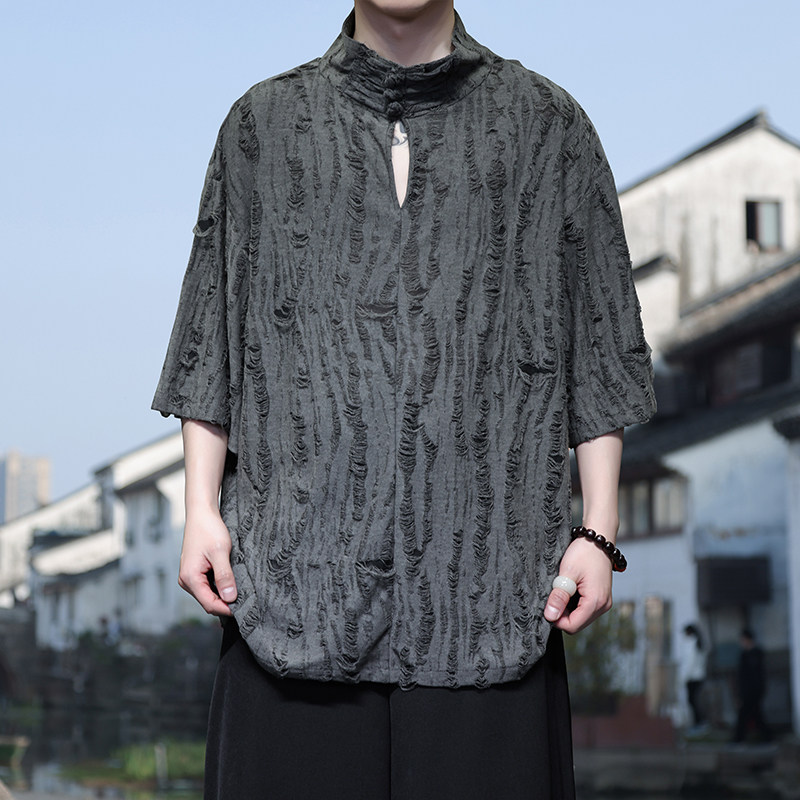 风N新中式风高领盘扣破洞镂空乞丐装冰丝t恤T35-P68控88，男装T恤，电商A005