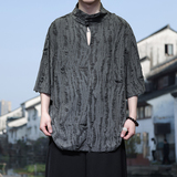 风N新中式风高领盘扣破洞镂空乞丐装冰丝t恤T35-P68控88，男装T恤，电商A005