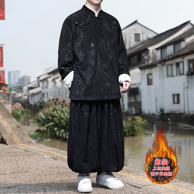新中式S龙纹灯芯绒夹克夹棉外套棉衣束脚裤套装TZ10132-P203控228,男装夹克,电商A005