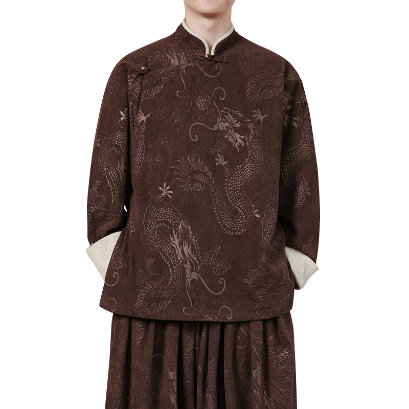 新中式K斜襟龙纹灯芯绒中山装夹棉加厚外套棉衣JK1020-P135控158,男装棉衣,电商A005