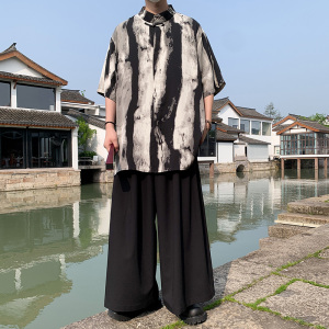 改良风A新中式水墨渐变条纹冰丝衬衫裙裤男套装TZ92-P126控148