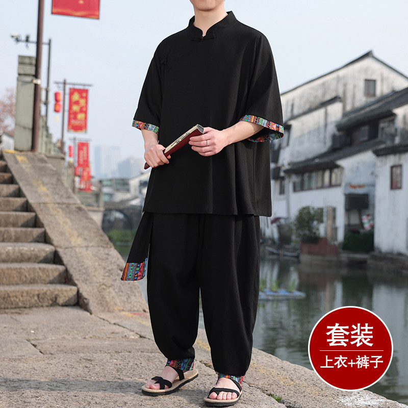 民族风C斜襟盘扣亚麻拼色中袖衬衫阔腿裤套装男TZ157-P143控168图片