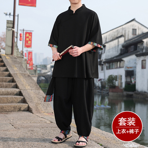 民族风C斜襟盘扣亚麻拼色中袖衬衫阔腿裤套装男TZ157-P143控168图片