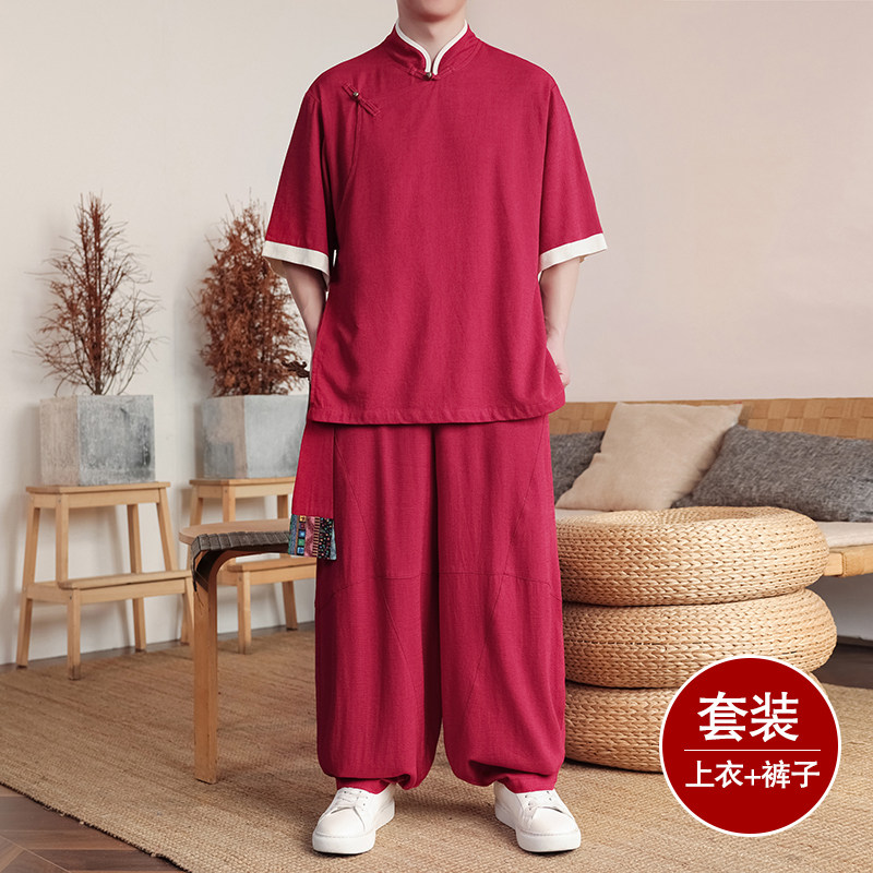 斜襟盘扣O亚麻中袖衬衫民族风演出阔腿裤套装男TZ166-P176控198，男装衬衫，电商A005