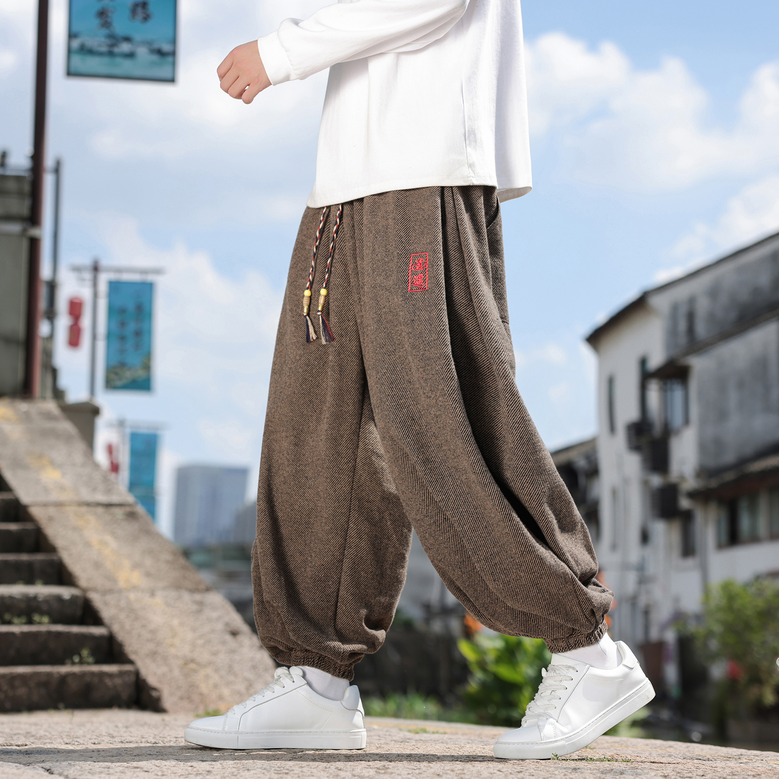 风M新中式保暖毛呢料刺绣古风大码阔腿束脚裤男K260-P78控98，男装棉衣，电商A005