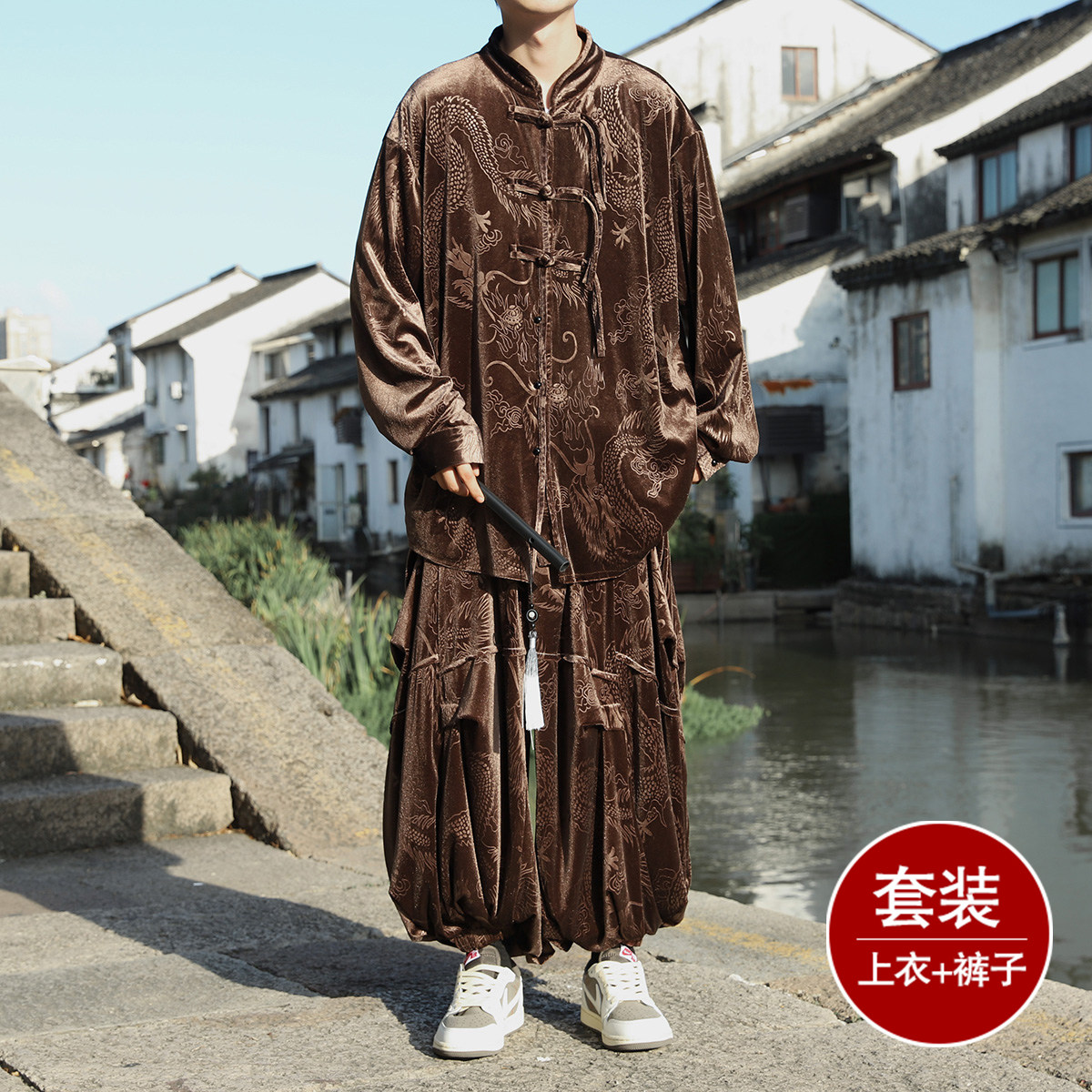 新中式B盘扣龙纹金丝绒衬衫夹克折褶阔腿裤套装男TZ181-P146控168图片
