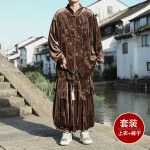 新中式B盘扣龙纹金丝绒衬衫夹克折褶阔腿裤套装男TZ181-P146控168图片