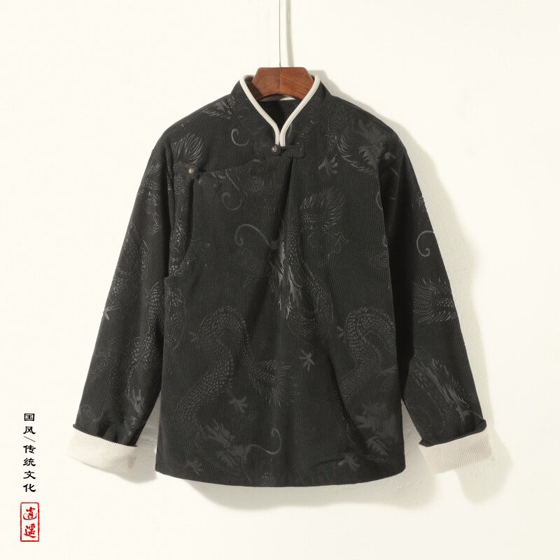 新中式AE斜襟盘扣龙纹灯芯绒中山装立领夹克外套男JK20-P105控138,男装夹克,电商A005