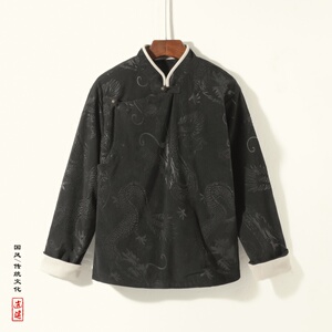 新中式AE斜襟盘扣龙纹灯芯绒中山装立领夹克外套男JK20-P105控138图片