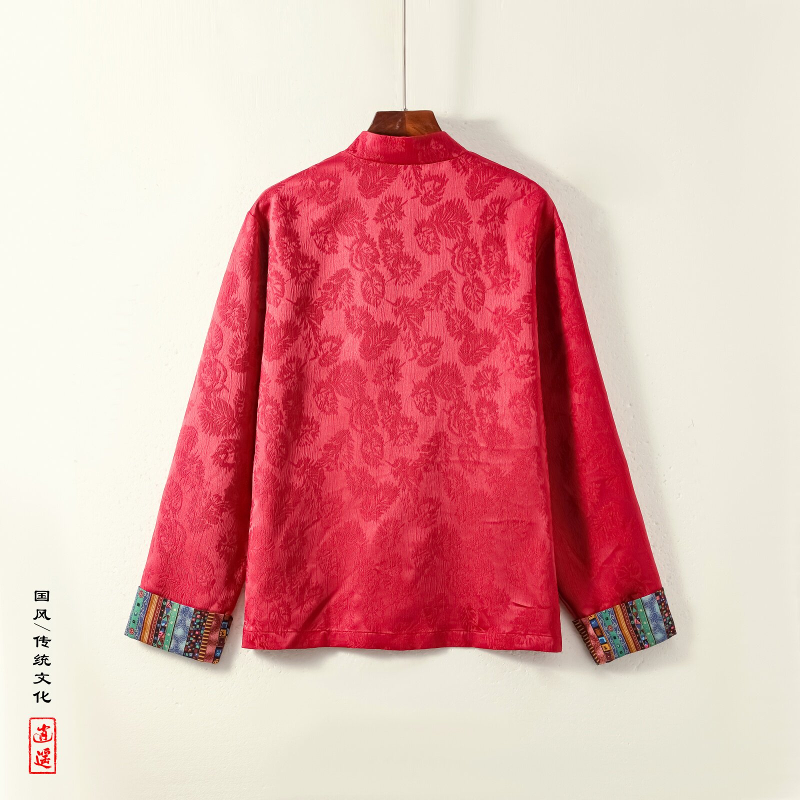 风红色衬衫春秋季高级感提花设计感盘扣唐装外套CS82-P68控88,男装衬衫,电商A005