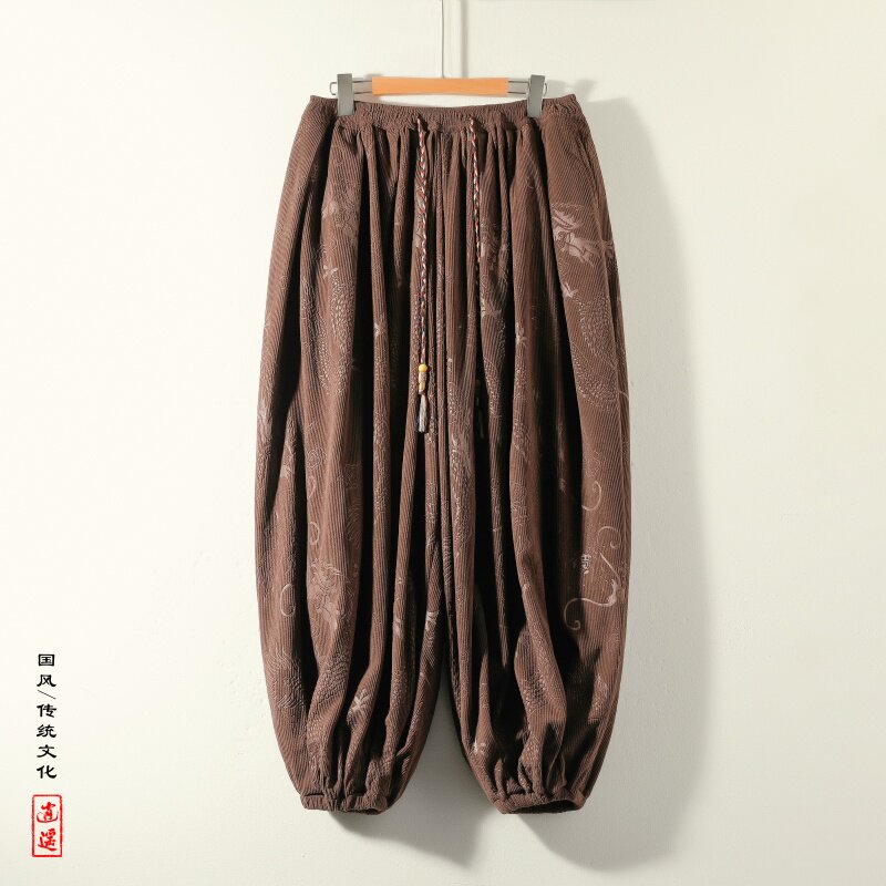 风AC龙纹暗纹新中式保暖灯芯绒阔腿束脚裤男K197-P68控88图片