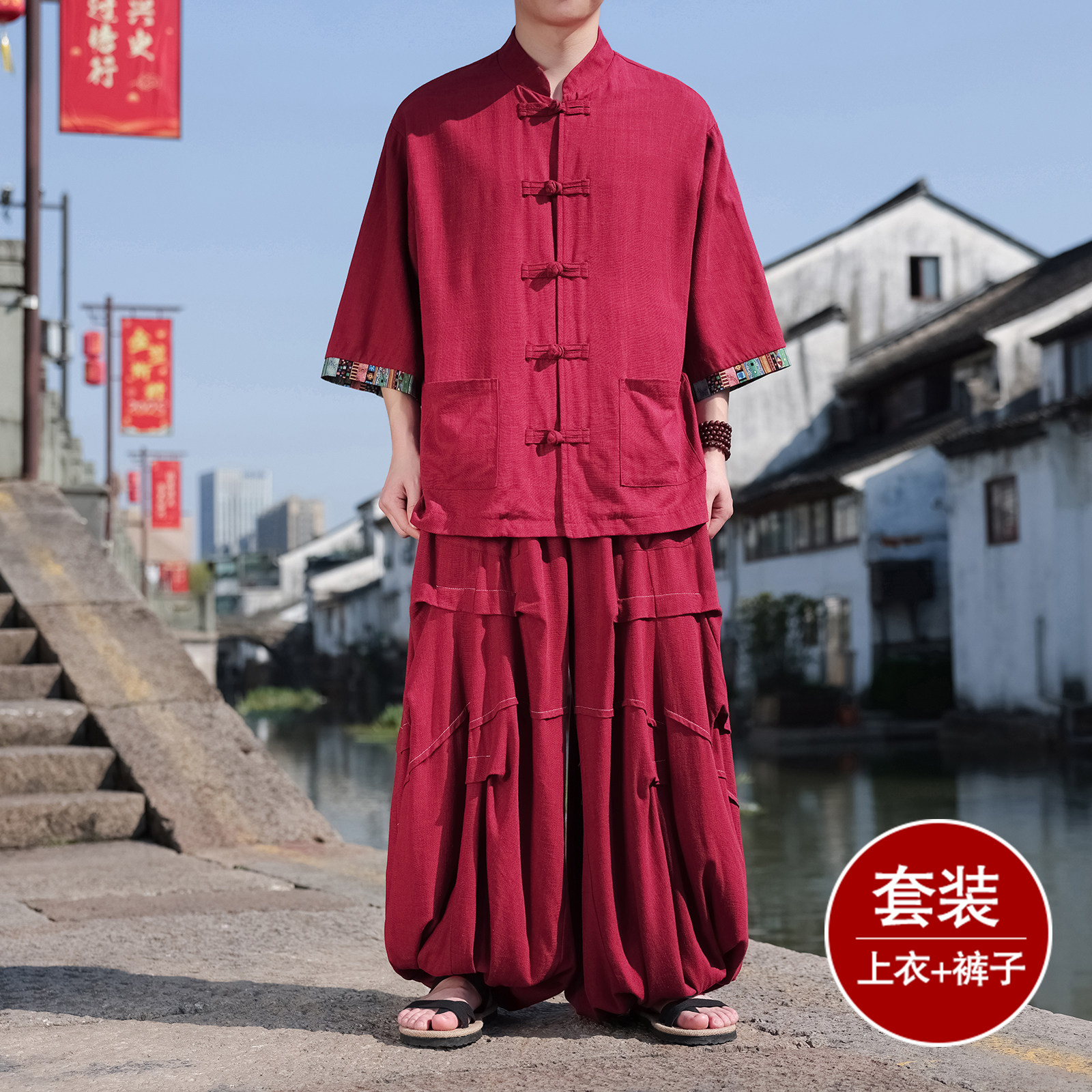 风M拼色棉麻衬衫外套折褶小众阔腿裤套装男TZ169-P153控178,男装休闲套装,电商A005