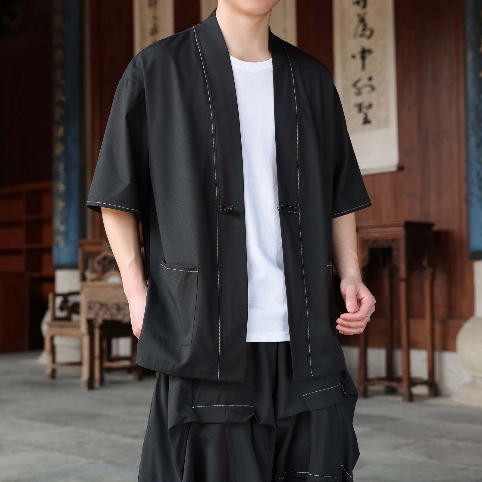 风I冰丝盘扣明线小众设计新中式短袖衬衫开衫外套CS77-P65控78,男装T恤,电商A005