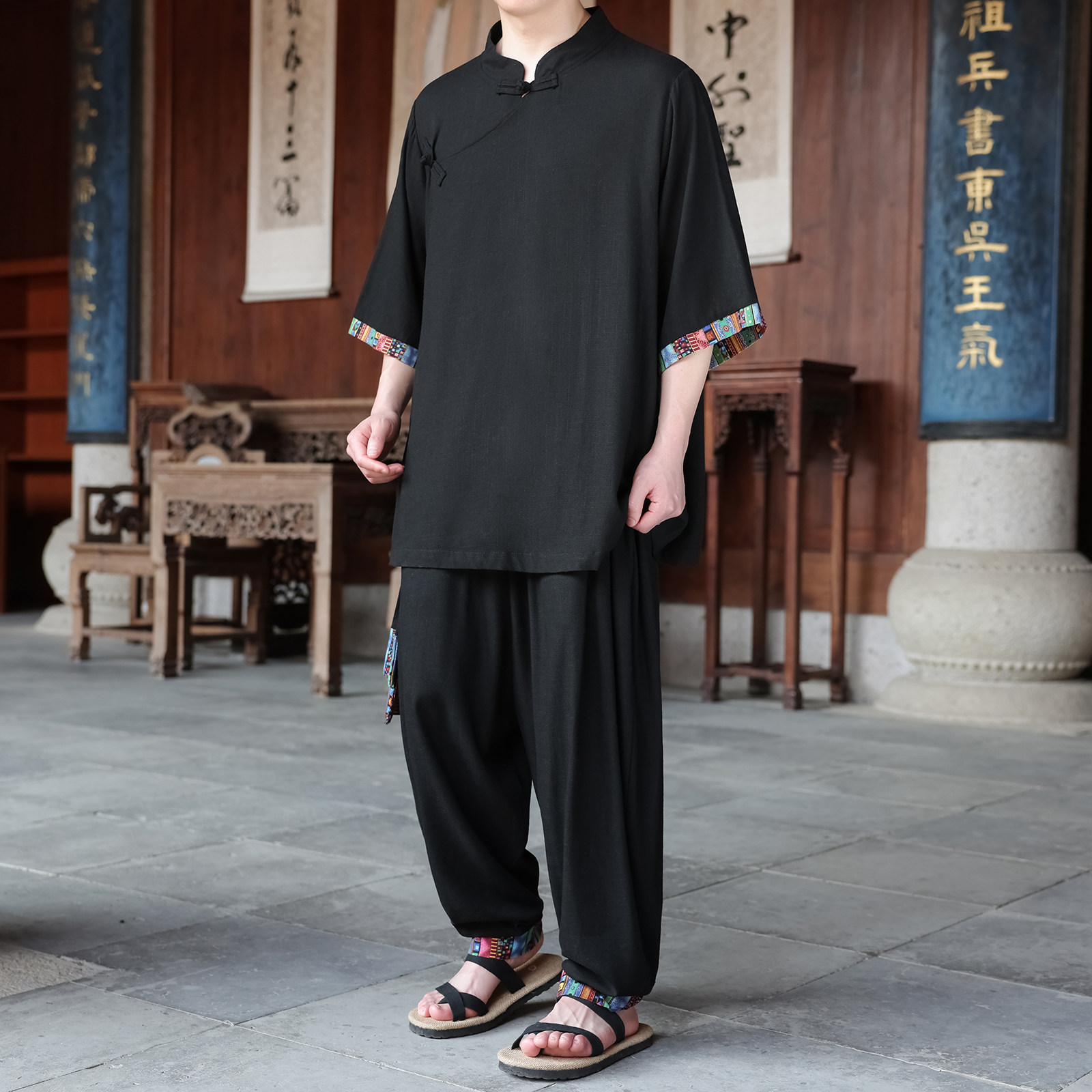 男生新中式套装亚麻斜襟拼接衬衫裤子两件套中国风运动休闲唐装潮,男装休闲套装,电商A005