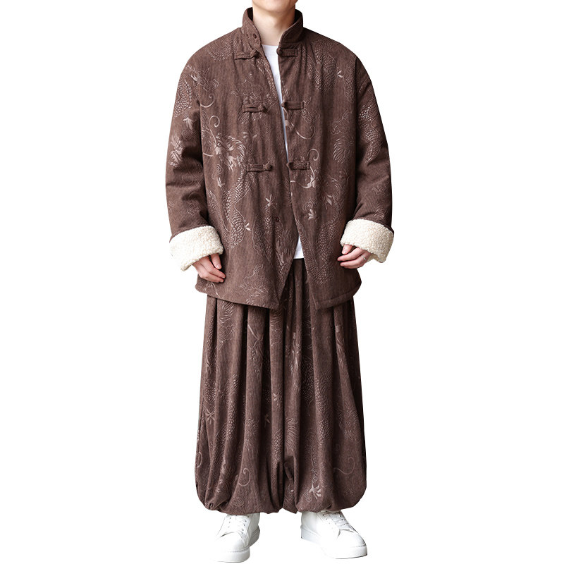 新中式AK龙纹灯芯绒羊羔毛夹克棉衣服保暖套装男TZ131-P203控228,男装休闲套装,电商A005
