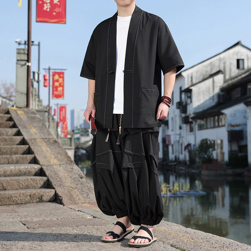 风A冰丝盘扣明线开衫外套折褶阔腿裤男套装男TZ161-P130控158,男装休闲套装,电商A005