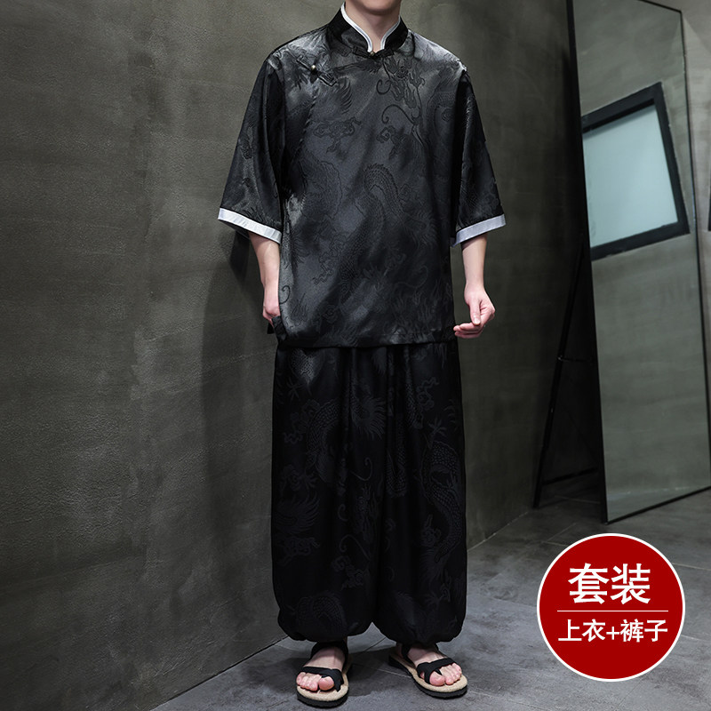 风C盘扣暗花龙纹冰丝中山装衬衫萝卜裤套装男TZ160-P120控148,男装衬衫,电商A005