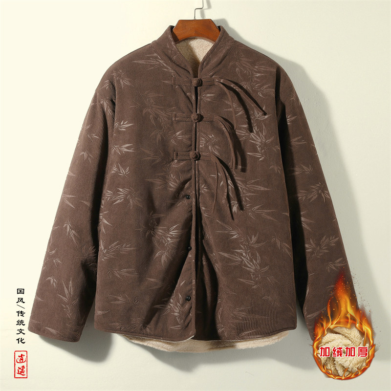 新中式S盘扣树叶暗花灯芯绒羊羔毛夹克棉衣外套男JK17-P135控158，男装夹克，电商A005