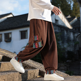 风M复古中式麦穗纹灯芯绒民族风拼色舞蹈阔腿裤K202-P75控88，男装民族服装，电商A005