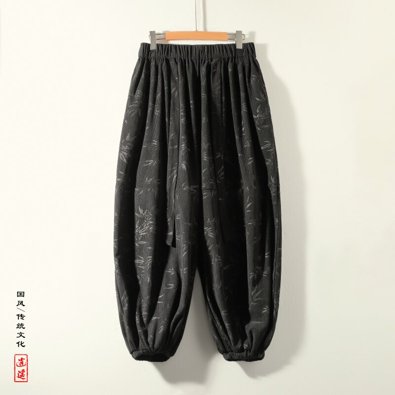 风新中式W保暖树叶印花纹灯芯绒阔腿束脚裤男K199-P68控88,男装棉衣,电商A005