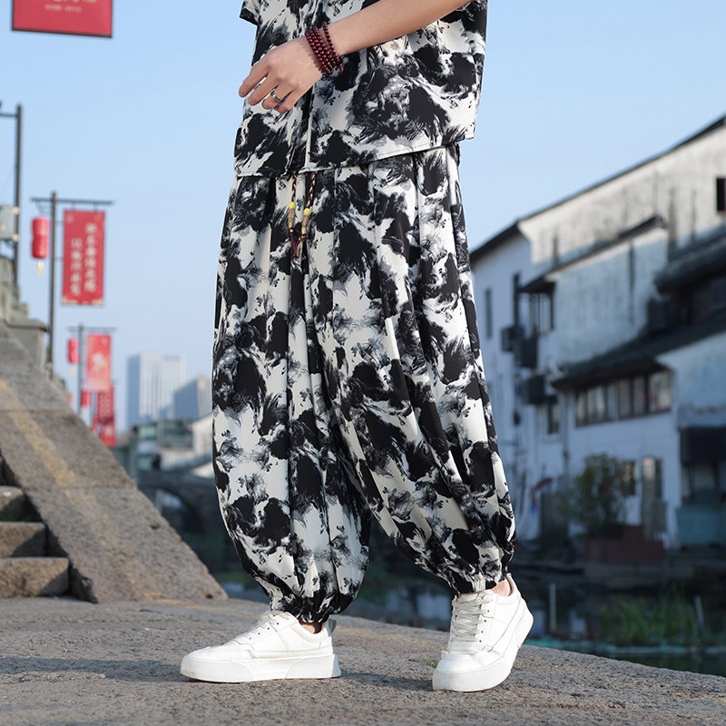 新中式风A水墨扎染垂感冰丝花裤子男宽松灯笼裤K168-P65控88,男装休闲裤,电商A005