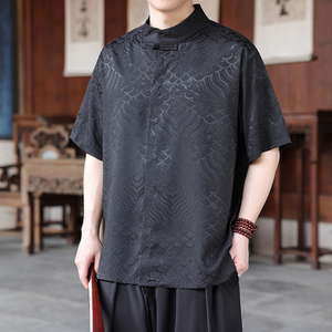 风F新中式缎面提花云海暗纹立领盘扣短袖冰丝衬衫CS70-P70控98图片