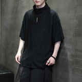 风A新中式风高领盘扣破洞镂空乞丐装冰丝t恤T35-P68控88，男装T恤，电商A005